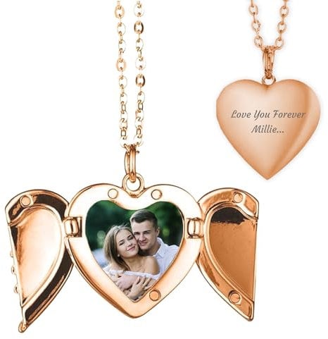 Print Maniacs Personalised Heart Locket Necklace with Engraved Text and Photo Mother Day Birthday for Mum Thoughtful Memorial Gifts, for Mum, Girlfriend, Women, and Girls Rose Gold