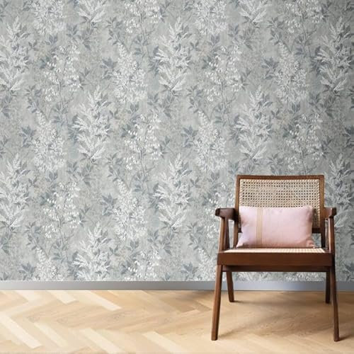 Cotwold Garden Ice Grey Wallpaper - Japanese Garden Grey Wallpaper - Hand Drawn Oriental Trees - Birds on a Soft Grey Background - Handrawn Pattern - Pearlescent Highlights adds Texture