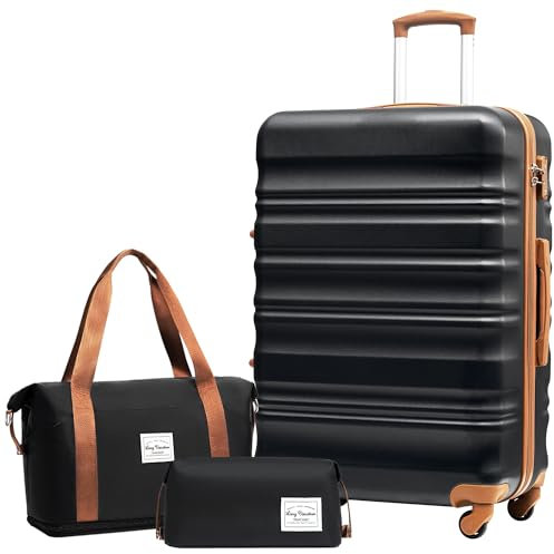 LONG VACATION Valise bagage à main, valise à roulettes, valise de voyage, coque rigide, 4 roulettes, serrure TSA - La valise contient 1 sac de voyage et 1 trousse de toilette, noir/marron, Großer