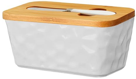 bephible Ceramics Butter Keeper Large Capacity Pan Dish with Wooden Lid Stainless Steel Cutter Fridge Countertop Container Holder Box Kitchen White