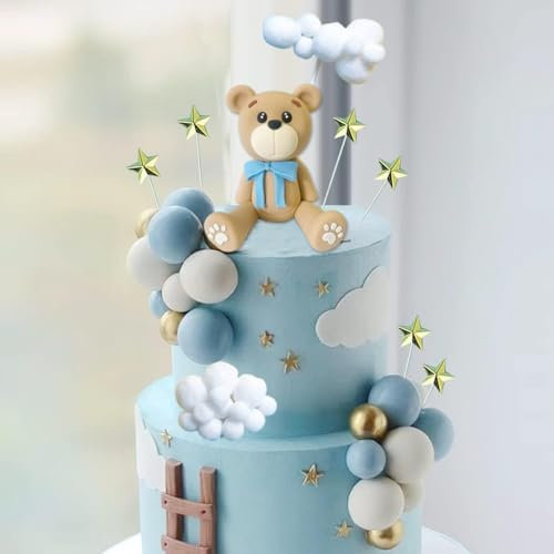 Teddybär Kuchen Dekoration, 33 Stück Teddybär Tortendeko, Cake Topper mit Kugeln, Wolke, Sterne, Tortendeko Bär Kuchen Topper für Mädchen, Junge, Babyparty, Hochzeit