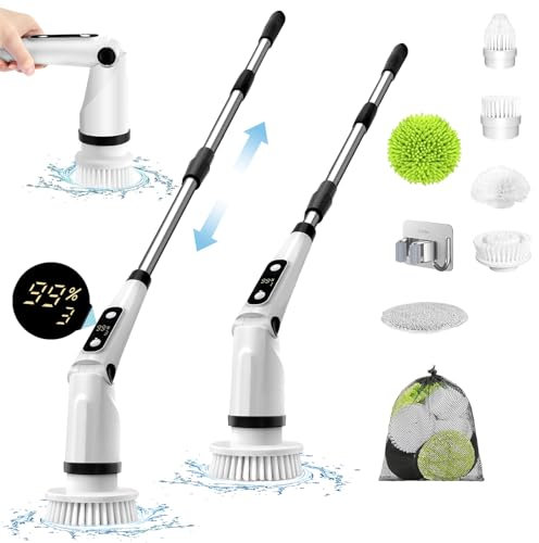 UCMDA Brosse Nettoyage Electrique Rotative - Rechargeable USB Electrique Nettoyage, avec Tige TéLescopique et 8 TêTes De Brosse Poignée,Brosse de Nettoyage Electrique