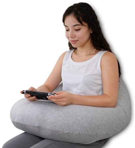QUEEN ROSE Reading Pillow for Gaming, Lap Desk Pillow for Sitting in Bed or Sofa, Compact Arm Support Pillow for Reading, Playing or Crocheting, Cooling Grey