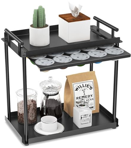 Gypie Coffee Station Organizer with Coffee Pod Storage, 2 Tier Coffee Bar Accessories Organizer, Metal Kitchen Counter Shelf, Nespresso Coffee Pod Holder for Kitchen Countertop, Home, Office, Black