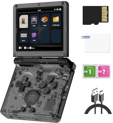 RG35XXSP Retro-Spielkonsole, 3,5 Zoll IPS-Bildschirm, 64 GB TF-Karte mit über 5500 Spielen, 3300 mAh Akku, unterstützt WiFi, Bluetooth, HDMI (schwarz, transparent)