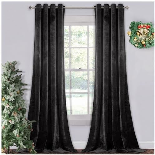 Soft Fully Lined Thermal Insulated Door Curtains | Crushed Velvet Eyelet Ring Top Curtains | Energy-Efficient Drapes For Bedroom & Living Room | Crushed Velvet Curtains 66X90 Inch, Charcoal