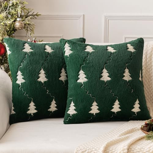 MIULEE Weihnachten 2er Set Kissenbezug Weihnachtskissen Dekokissen Künstlich Pelz Plüschkissen Kissenbezüge für Wohnzimmer Sofa Schlafzimmer, Weihnachtsbaum-Muster, Grün, 45x45cm