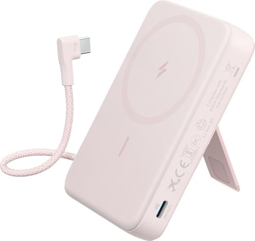 Anker Zolo Power Bank Magnétique, Batterie Externe Portable 10000mAh sans Fil avec Recharge Rapide 30 W Max., câble USB-C intégré et Support Ajustable, pour iPhone séries 15/14, AirPods, et Bien Plus