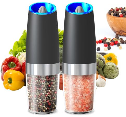 CIRCLE JOY Gravity Electric Salt and Pepper Grinder Set Battery Operated Salt and Pepper Shakers Automatic Mill Grinders with White LED Light, Adjustable Coarseness, Washable 135ml Container, Black