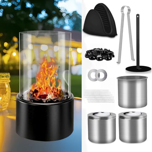 Bioethanol Tischkamin Premium Tischfeuer für Indoor & Outdoor, Tragbare Bio Ethanol Kamin mit Deko Steinen und 2 Brennkammern für Brenndauer, Ethanol Feuerstelle Balkon Deko Terrassenkamin