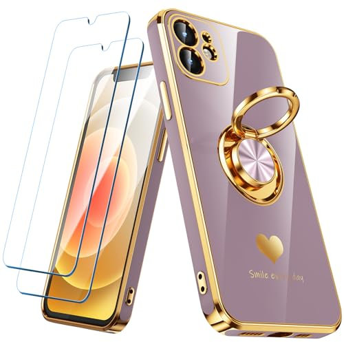 Nonional Compatible for iPhone 12 Case with 2 Pack Screen Protector, 360° Rotatable Ring Holder [Luxury Hearts Pattern] Plating Gold Edge Slim Soft Phone Cover Case for iPhone 12 - Light Purple