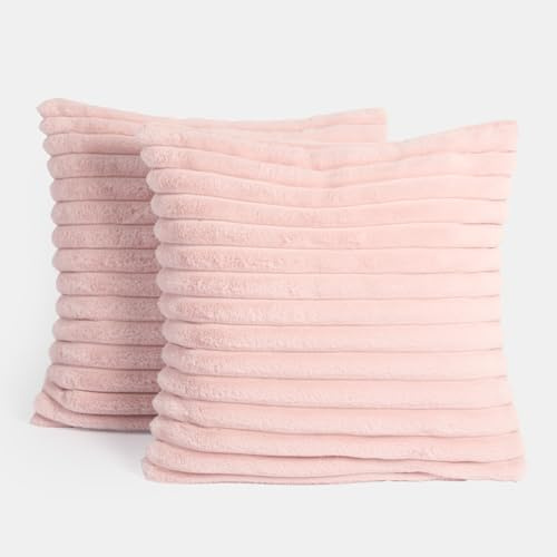 OHS Blush Pink Cushions Ribbed Faux Fur, Decorative Throw Pillows for Sofa Cushions Living Room Lounger Cushion Cover Smooth Soft Comfy Home Decor, Pack of 2 - Pink