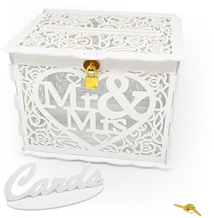 Carlso Geschenkkartenbox Hochzeit Geschenkkarten Box, Vintage groß Holz Kartenbox Karten Geld Box Briefbox mit Schloss Schlitz für Hochzeit Geburtstag (Weiß) (weiß)