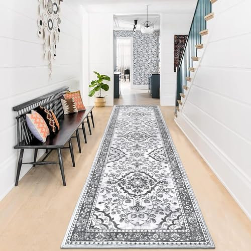 Enyhom Teppich Läufer für Küche, 80 x 300 cm Hochwertig rutschfest Läufer Flur Traditioneller Langer Läufer Teppich Waschbar Retro Weich Schlafzimmer Läufer für Wohnzimmer Büro Korridor, Grau