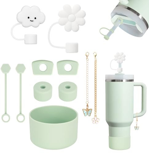 11Stück Stanley Cup Zubehör, inklusive 6 Stanley Cup Auslaufschutz, 2 Strohhalm Abdeckung, 2 Anhänger Zubehör, 1 Silikonhülle für 1,2l und 850 ml Stanley Cup Accessories (Mist)