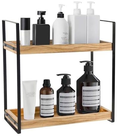 Bathroom Organiser Countertop, 2 Tier Coffee Station Organizer for Countertop, Waterproof Wooden Cosmetic Makeup Storage Shelf, Bathroom Skincare Organiser Counter Shelf, Kitchen Spice Rack