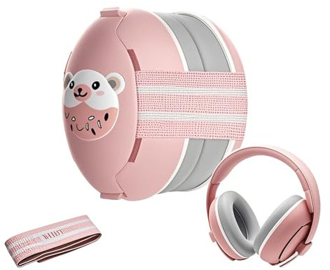 Robofun 2-in-1 Gehörschutz Baby Kopfhörer, Neugeboren Ohrenschützer mit Geräuschunterdrückung & Verstellbares Kopfband, Baby Kopfhörer Lärmschutz für Babys bis 48 Monate -Rosa