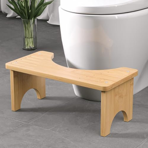Physiologischer Toilettenhocker aus Bambus – C-förmiger WC-Trittbrett aus Holz – 35 Grad ergonomischer Hocker für eine gesunde Sitzhaltung (Natürlicher Bambus)
