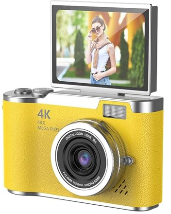 48MP 1080P Digital Camera with 2.4'' Flip Screen and 18X Zoom, 4 Hour Long Battery Vlogging Camera for Teens, Beginners, Built-in Games and Filters for Travel, Youtube, TikTok (Yellow)