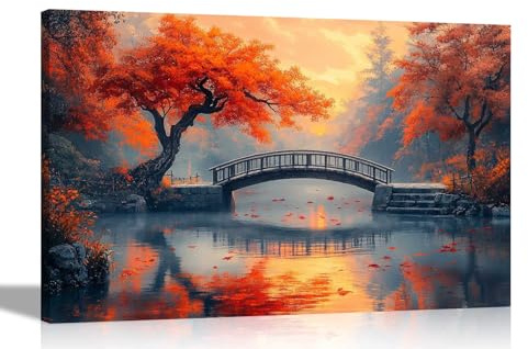 Artley Prints - Autumn Landscape Footbridge Over RiverCanvas Wall Pictures For Bedroom Hallway Living Room Prints Home Office Extra Large 101 x 76cm (40 x 30 inches)