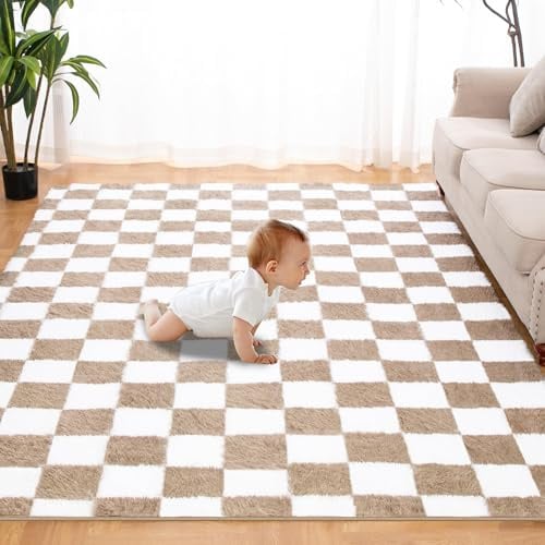 Hochflor Teppiche Wohnzimmer Flauschiger Weich, 140x200cm, Beige und Weiß | Schachbrettmuster Wohnzimmerteppich Shaggy Flur Modern Weich Teppiche für Deko/Schlafzimmer/Kinderzimmer