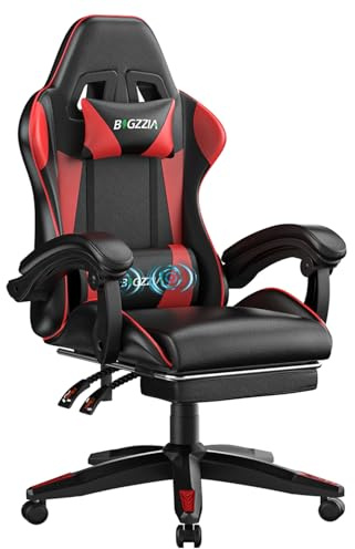 bigzzia Gaming chair with massage function, ergonomic gamer chair with footrest, headrest, lumbar cushion, height adjustment, tilt 90°-155°, gaming chair for gaming, work, relaxation (Red)