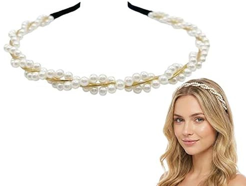 Elegant Double Layer Pearl Headband with Gold Wire Design - White Faux Pearl Hair Accessories for Women and Girls, Alice Band for Wedding Bridal Party and Festival Occasions