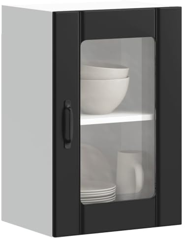 Hoopleep Küchen-Hängeschrank Lucca, Schwarz, Holzwerkstoff & Glas, 40x31x60 cm, Wandmontage, Stauraum für Geschirr, Esszimmer Anrichte, modern