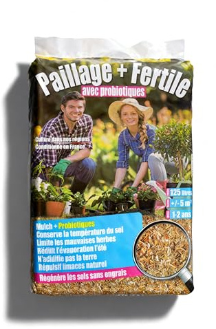 Générique Paillage + Fertile® – Pailles de roseaux défibrées enrichies en probiotiques 125L – Paillis Naturel Anti-limaces, stimule la Vie du Sol, protège Les Racines (Palette 18 Sacs)
