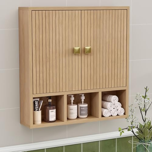 Hängeschrank Bad, Badezimmerschrank hängend, Holz, 2-türig, 13x56x58cm | Wandmontage platzsparend, 2 Türen + 3 offene Fächer, verstellbar, Holzdekor, wasserabweisend. Für Bad, Küche, Flur.