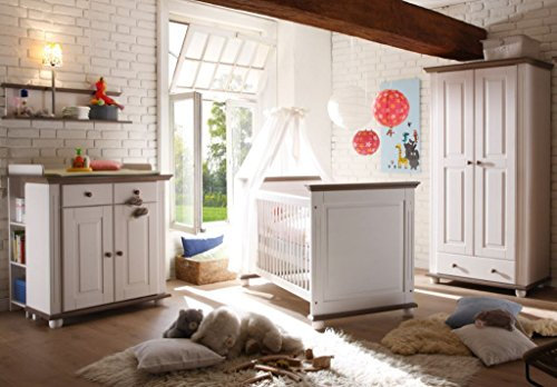 Froschkönig24 Laura Babyzimmer Kinderzimmer Babymöbel Wickelkommode Babybett Kiefer Weiß/Lava