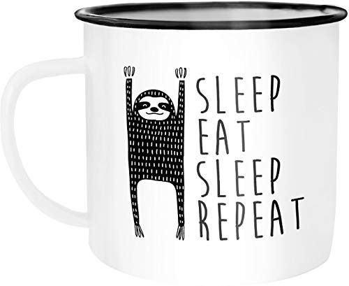 Moonworks Emaille Tasse Becher Sleep eat Sleep Repeat Faultier Kaffeetasse weiß-schwarz unisize