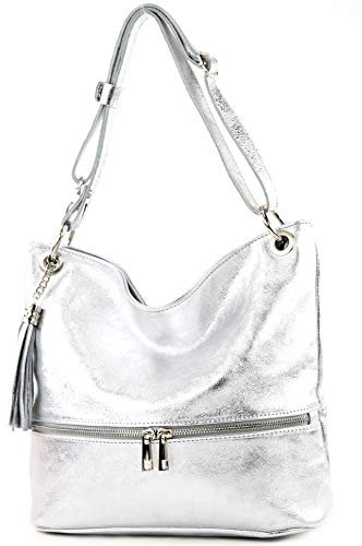 modamoda de - T143 - ital. Leder Schultertasche Umhängetasche, Farbe:Silber