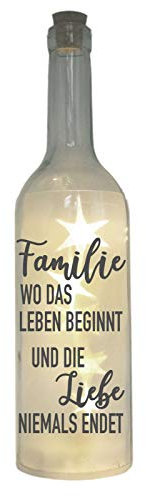 WB wohn trends LED-Flasche mit Motiv, Familie wo das Leben beginnt - Liebe Niemals endet, grau, 29cm, Flaschen-Licht Glitzer-Flasche Leuchtflasche Lampe mit Text Spruch