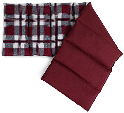Coussin aux graines de lin 75x20cm. Coussin bouillotte aux graines - Compresse froide (compartimenté en huit, Design: écossais, rouge à carreaux bordeaux avec un côté flanell)
