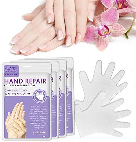 5 Pairs Hand Masks, Lavender Moisturising Gloves with Collagen, Serum and Vitamins, Softening, Nourishing, Exfoliating, Regenerating, Whitening Hand Care for Dry and Cracked Hands