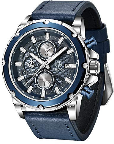 BY BENYAR Herrenuhr Quarzwerk Herren Chronograph Lederarmband und wasserdichte Business Casual Schwarze Herrenuhr