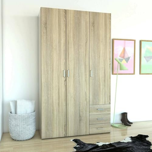 Dmora - Armario ropero con Puertas y Tres cajones, Color Roble, 115 x 49 x 200 cm