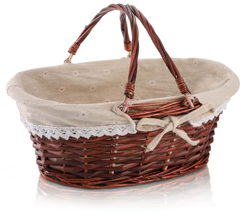 Dicunoy Weiden Picknickkorb mit Griff, Geschenkkorb, Osterkorb mit Innenfutter, Korb für Obst, Süßigkeiten, Wein, Eiersammlungen, Hochzeit, etwa 32 x 25 x 13 cm