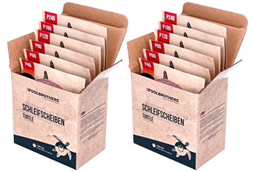 Toolbrothers TURTLE Schleifset 2 Packungen 120x Schleifscheiben 125mm Klett 8 Loch je 20x P40 / P60 / P80 / P120 / P180 / 240 für Hartholz, Weichholz, Lack, Stein, Stahl, Aluminium, Furnier