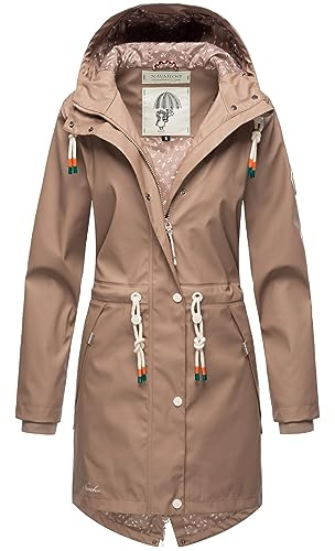Navahoo Damen Übergangsjacke Regenmantel wasserdichte lange Regenjacke mit verstellbarer Kapuze und geschweißten Nähten Tropical Stormoo Taupe Gr. 3XL