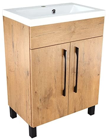 paplinskimoebel - Unterschrank mit Mineralguss Waschbecken Vittoria, 60 cm Breite, Matt Eichenoptik Korpus, Badmöbel Set für Badezimmer & Gäste-WC, Stehend Waschtisch, Waschbeckenunterschrank