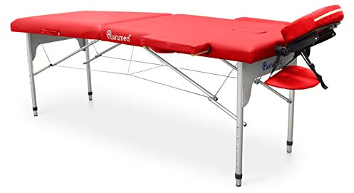 Quirumed Klappbare Massageliege aus Aluminium Easy, 186 x 66 cm, Farbe Rot, Kunstleder, leicht, tragbar, Abnehmbarer Kopf, Gesichtsloch, abnehmbare Arme, höhenverstellbar, bis 140 kg