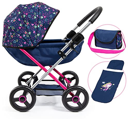 Bayer Doll Pram Stroller & Accessories Set, 18 Inch Doll, Blue, Pink Hearts, Includes Blanket & Shoulder Bag, Foldable