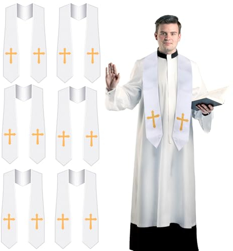Wesiti Klerus-Stola, weiß, Kirche, Konfirmation, Stola, Pastor mit besticktem Kreuz, Abschluss, Priester für Herren und Damen, Kostüm, Hochzeit, 6 Stück, Weiß, Gold, approx. 71 x 5 inches/ 180 x 12 cm