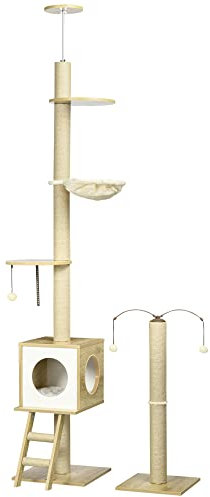 PawHut Lot de 2 Arbres à Chat Sol au Plafond Hauteur réglable 225-285 cm 4 Niveaux - Niche, hamac, échelle, Jeux - Beige