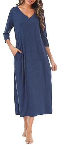 Leversic Camicia da Notte Donna Camicia da Notte Maniche 3/4 Camice da Notte Scollo a V Pigiama Donna Estivo Comodo Ampio Sleepwear per Casa e Casuale 822-Blu Navy L