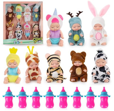 Fiotha 8 Stück Mini Reborn Puppen, Babypuppe, Mini Babypuppe Mit 8 Flasche, Newborn Reborn Baby, Mini Puppen, Realistische Babypuppe, Weicher Körper, Puppenspielzeug für Mädchen,Kleinkinder und Kinder