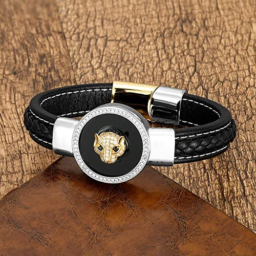 Bysonglezai Armbänder Herren Armband Armreif Geschenk Damen Luxus Stil Zirkon Männer Armbänder Runde Naturstein Geflochtene Lederarmbänder Charme Punk Weiß-Gold