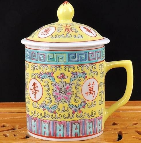 YUWEN Traditional Chinese Ceramic Blue and White Porcelain Mug Red/Blue/Yellow Tea Cup with Lid Drinkware 300ml